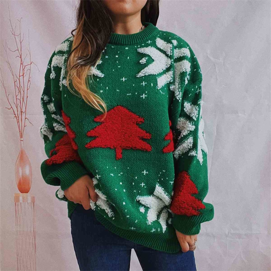 Snowflake Round Neck Long Sleeve Sweater Green / S