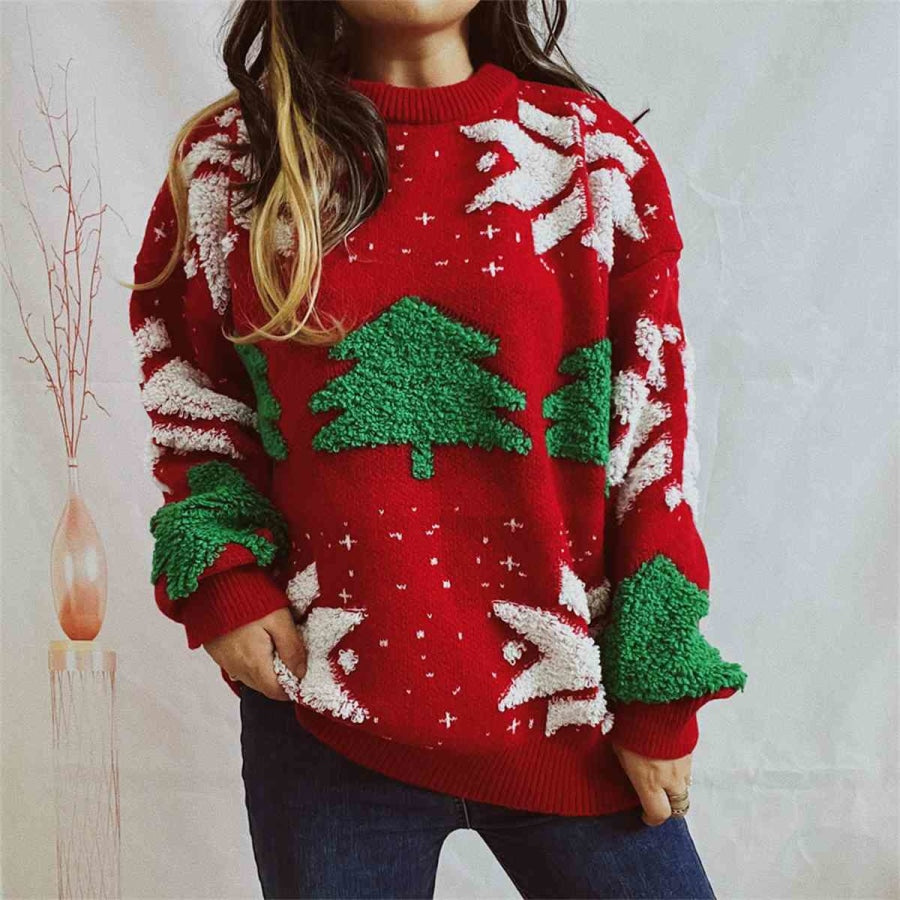 Snowflake Round Neck Long Sleeve Sweater Red / S