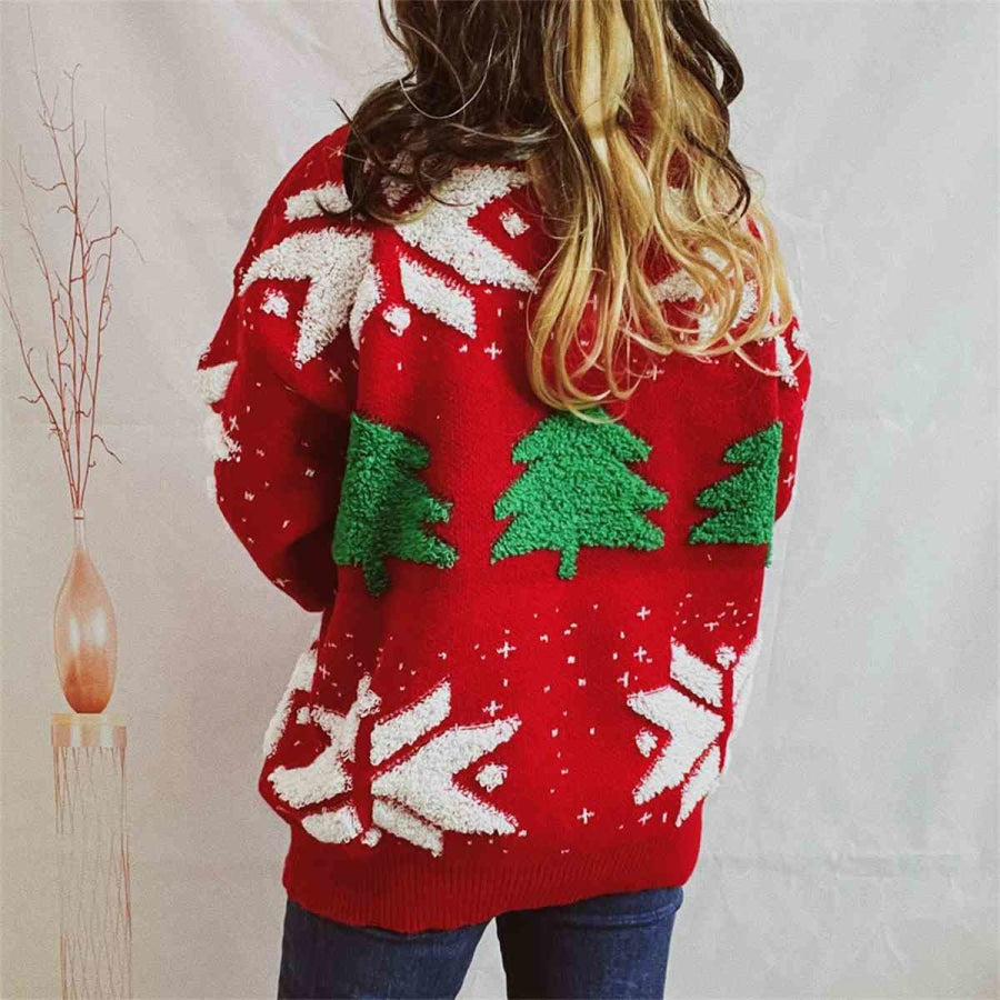 Snowflake Round Neck Long Sleeve Sweater Red / S