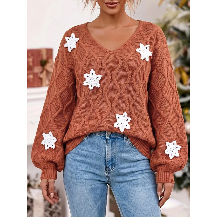Snowflake Textured V-Neck Sweater Brown / S Apparel and Accessories