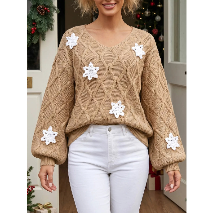 Snowflake Textured V-Neck Sweater Khaki / S Apparel and Accessories