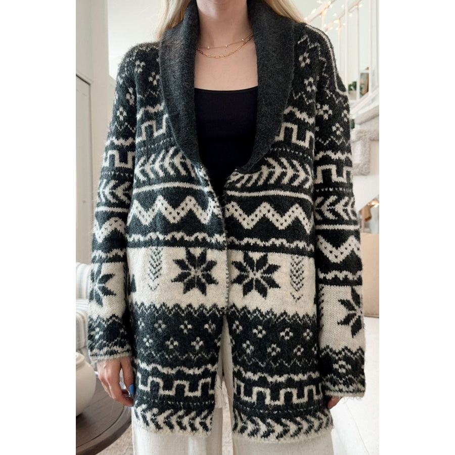 Snowflakes Collared Neck Long Sleeve Cardigan Apparel and Accessories