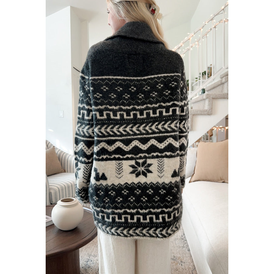 Snowflakes Collared Neck Long Sleeve Cardigan Apparel and Accessories