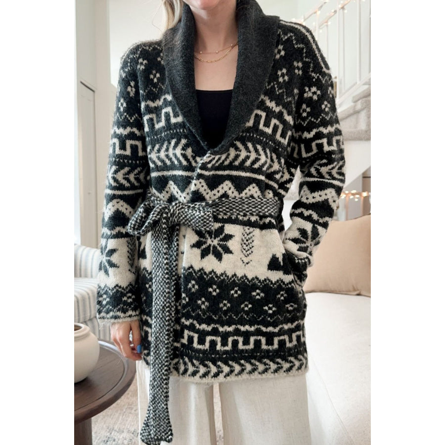 Snowflakes Collared Neck Long Sleeve Cardigan Black / S Apparel and Accessories