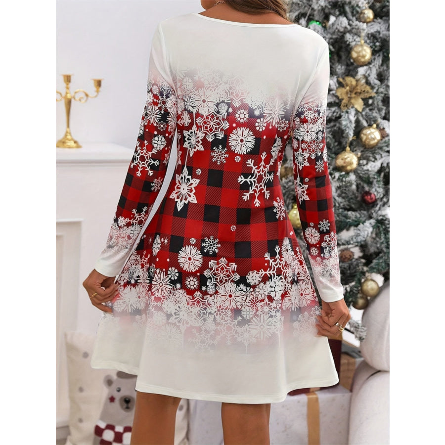 Snowflakes Plaid Round Neck Long Sleeve Dress Apparel and Accessories