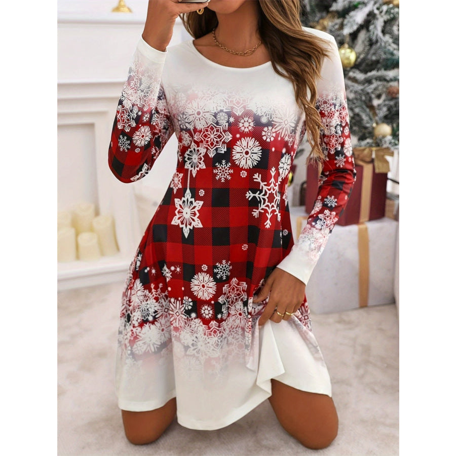 Snowflakes Plaid Round Neck Long Sleeve Dress Apparel and Accessories