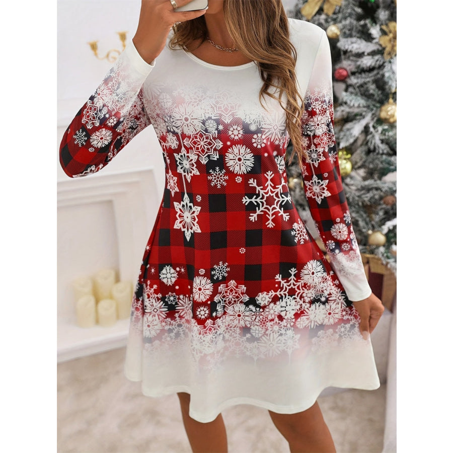 Snowflakes Plaid Round Neck Long Sleeve Dress Apparel and Accessories