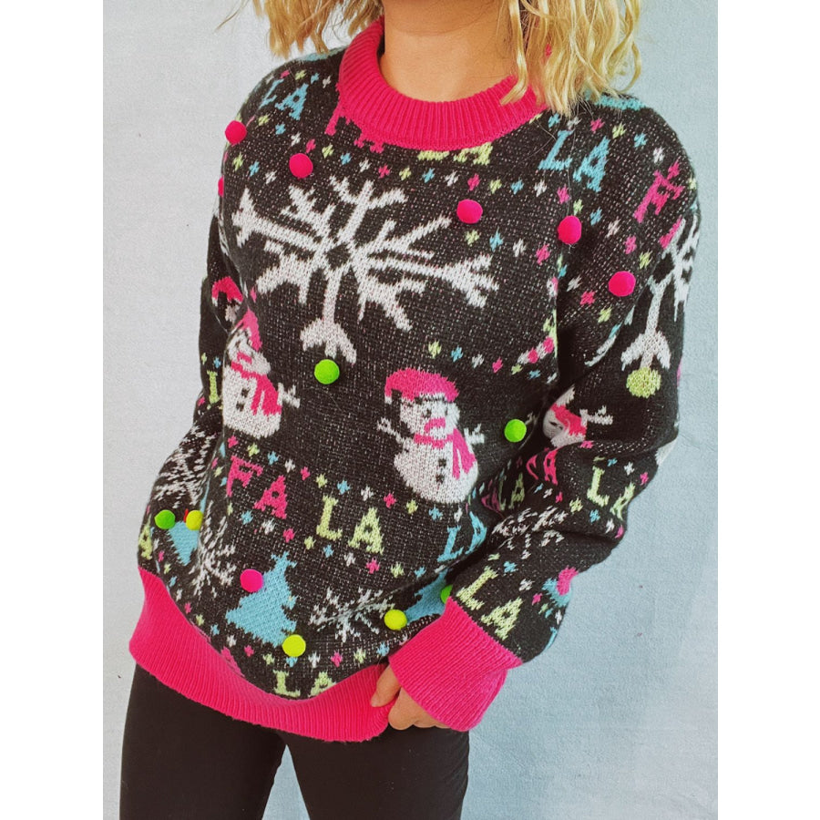 Snowman Contrast Trim Round Neck Sweater Apparel and Accessories