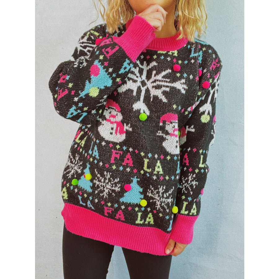 Snowman Contrast Trim Round Neck Sweater Apparel and Accessories