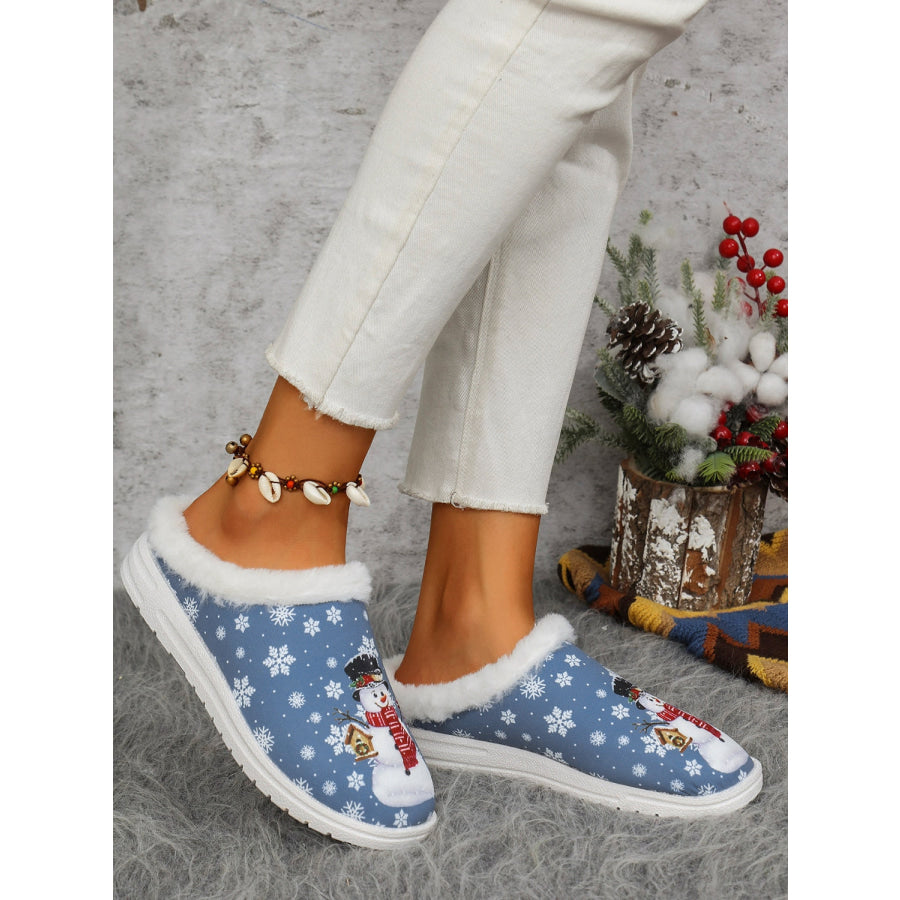 Snowman Print Flat Slippers with Faux Fur Apparel and Accessories