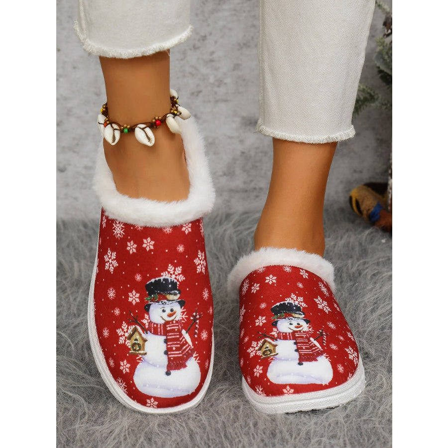 Snowman Print Flat Slippers with Faux Fur Apparel and Accessories