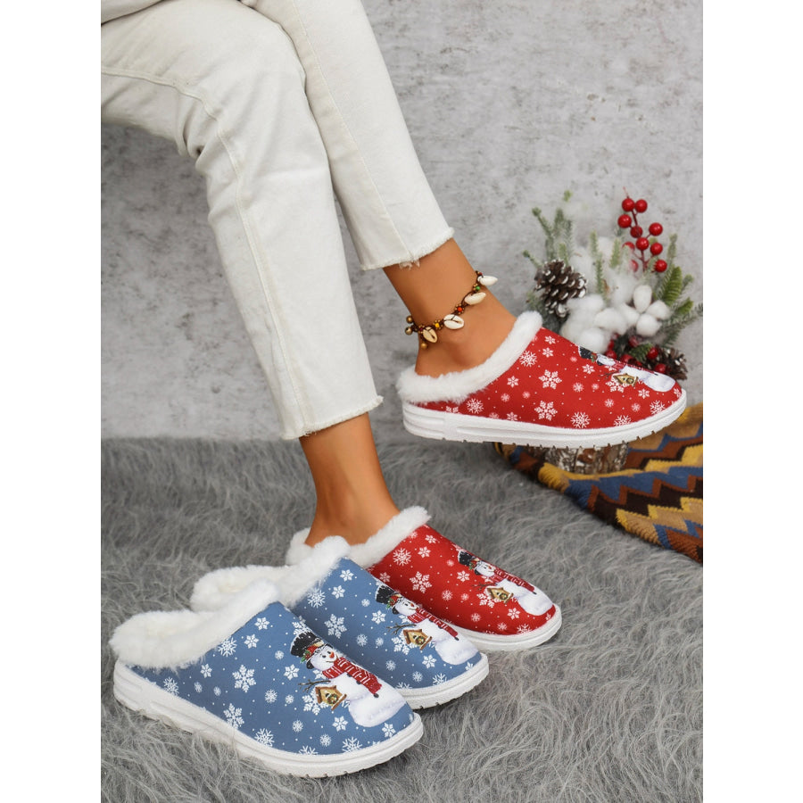 Snowman Print Flat Slippers with Faux Fur Apparel and Accessories