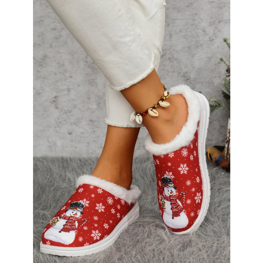 Snowman Print Flat Slippers with Faux Fur Apparel and Accessories