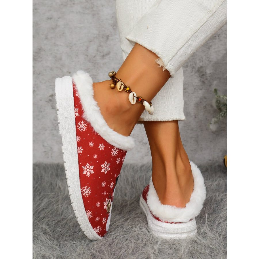 Snowman Print Flat Slippers with Faux Fur Apparel and Accessories