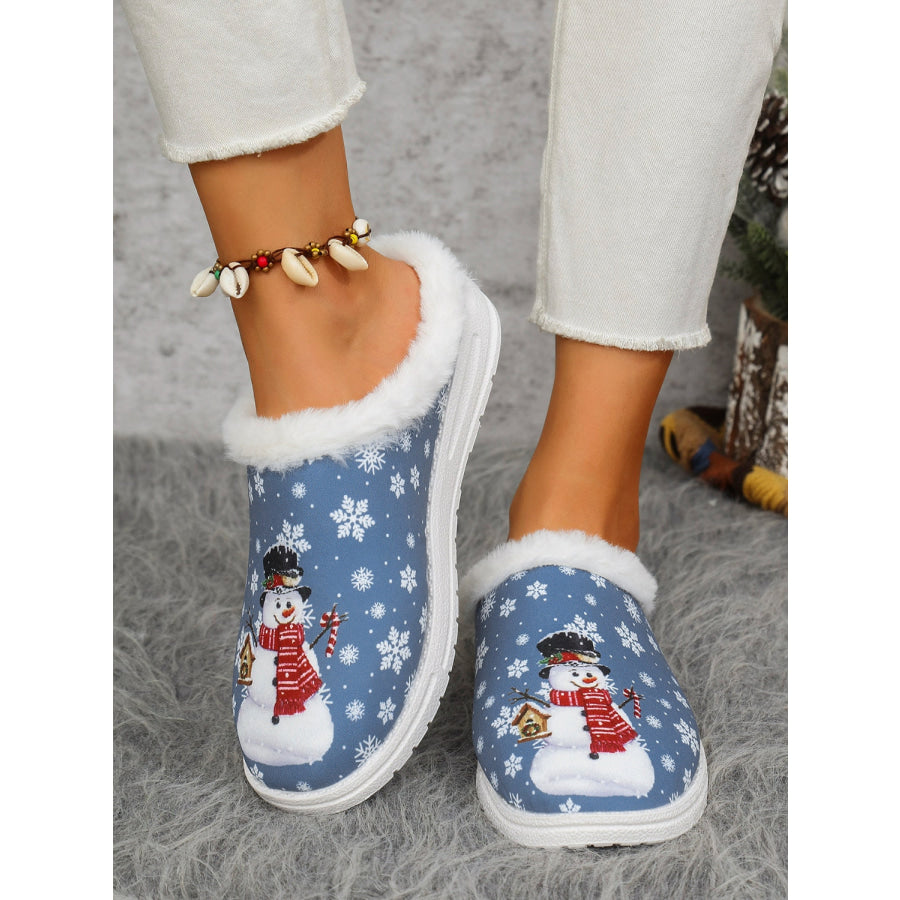 Snowman Print Flat Slippers with Faux Fur Blue / 36(US5) Apparel and Accessories