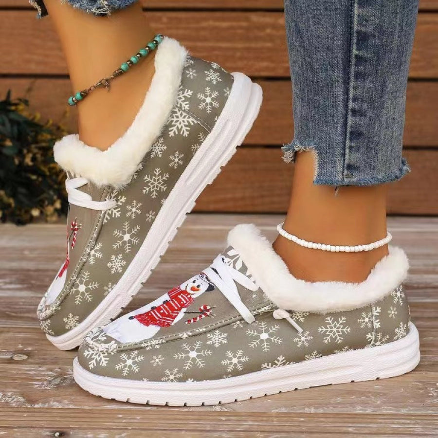 Snowman Print Round Toe Slip-Ons Khaki / 36(US5) Apparel and Accessories