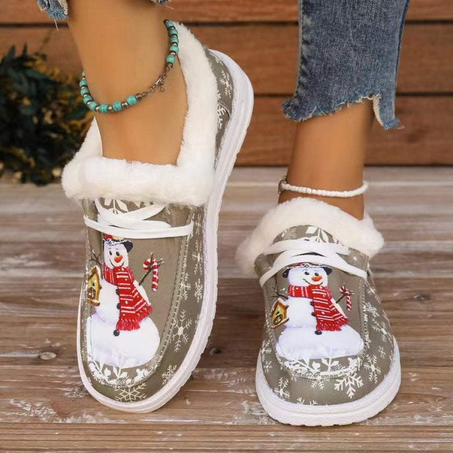 Snowman Print Round Toe Slip-Ons Khaki / 36(US5) Apparel and Accessories