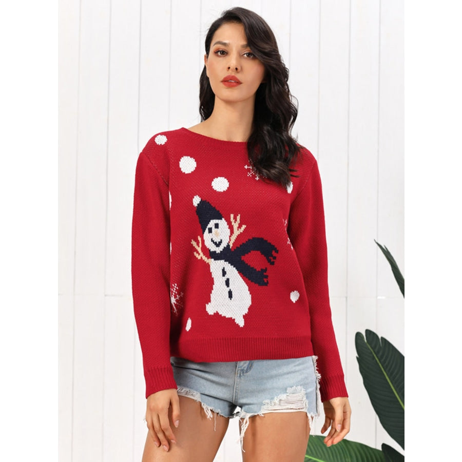 Snowman Round Neck Sweater Deep Red / S