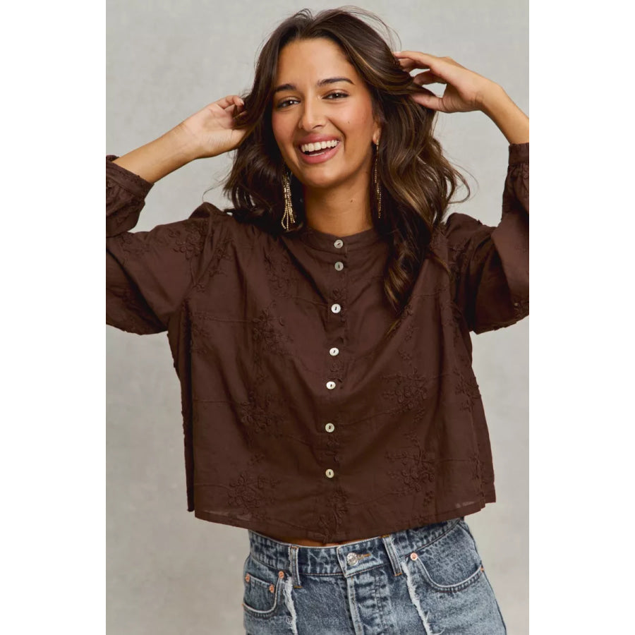 SO ME 3d Floral Woven Long Sleeve Front Button Shirt Apparel and Accessories