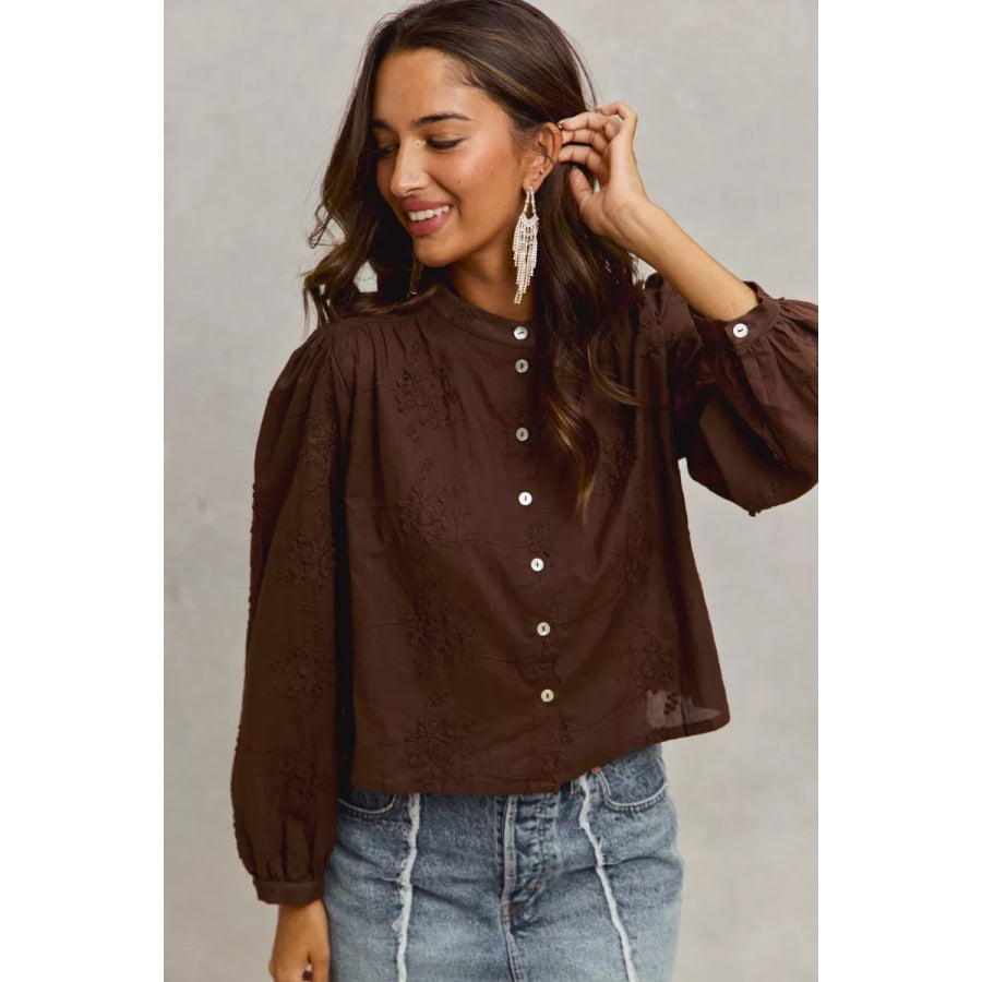 SO ME 3d Floral Woven Long Sleeve Front Button Shirt Apparel and Accessories