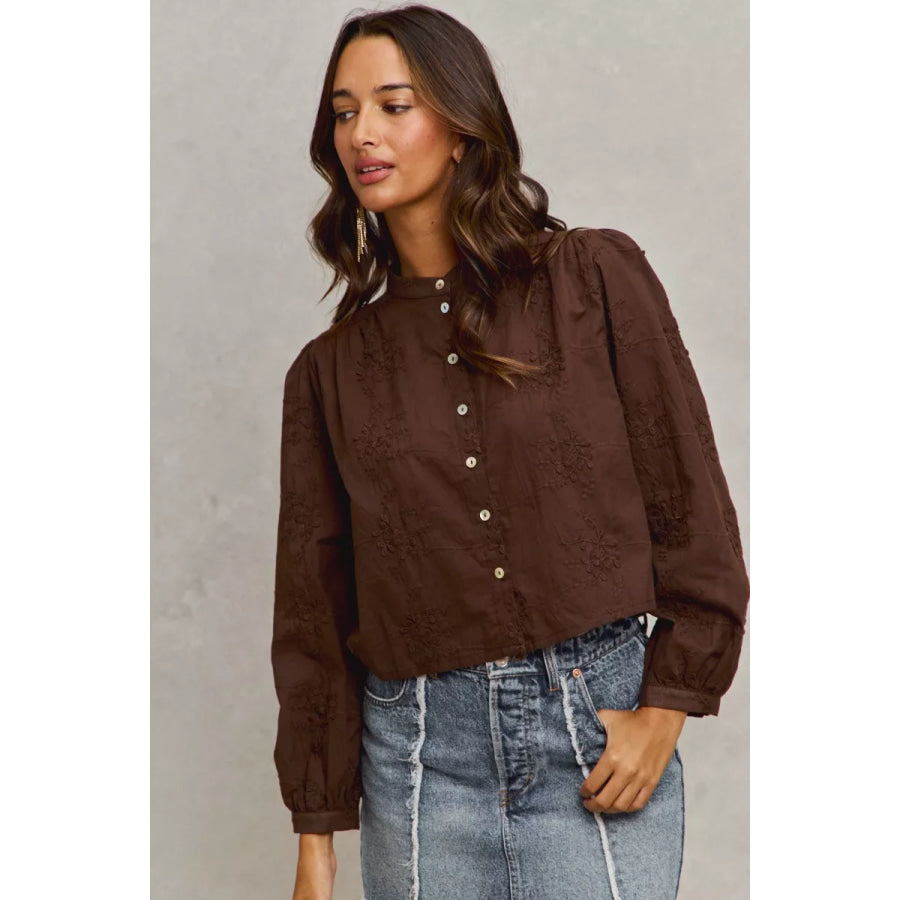 SO ME 3d Floral Woven Long Sleeve Front Button Shirt Apparel and Accessories