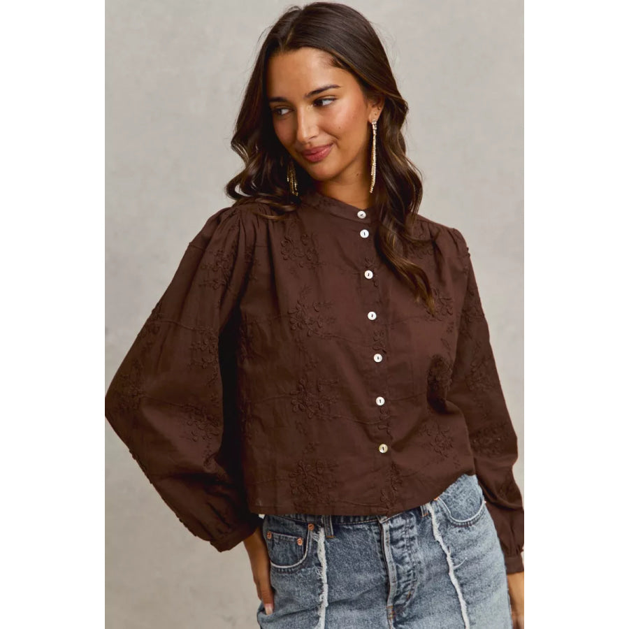 SO ME 3d Floral Woven Long Sleeve Front Button Shirt Apparel and Accessories