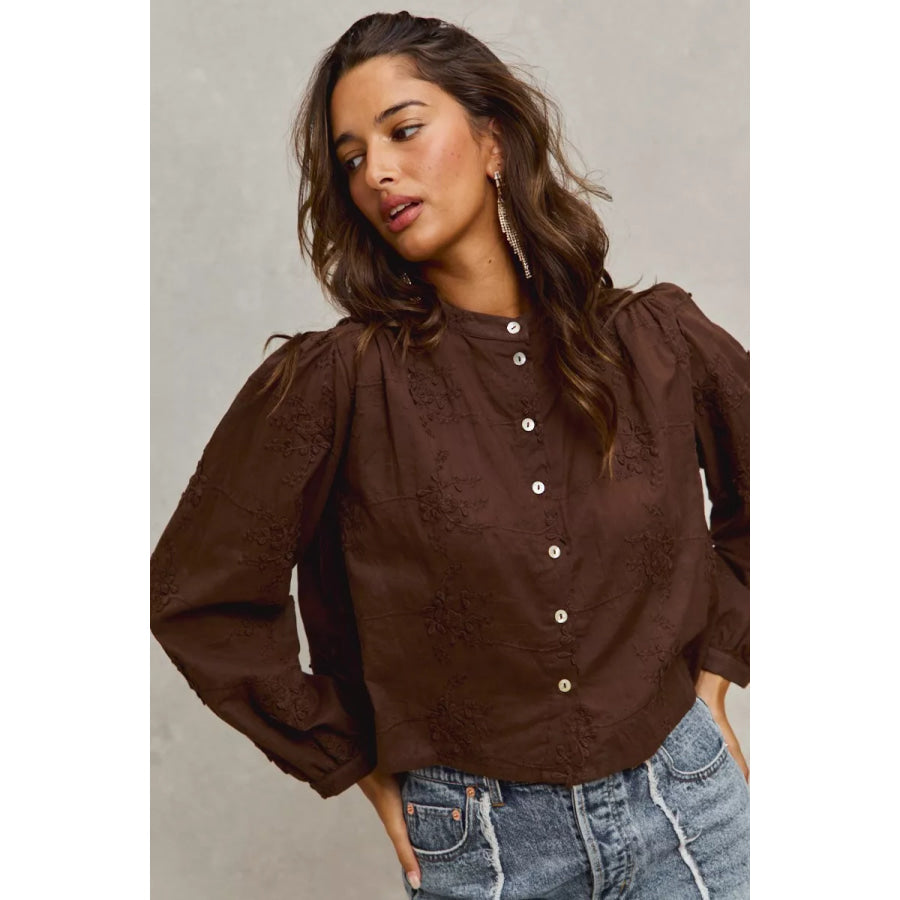 SO ME 3d Floral Woven Long Sleeve Front Button Shirt Apparel and Accessories