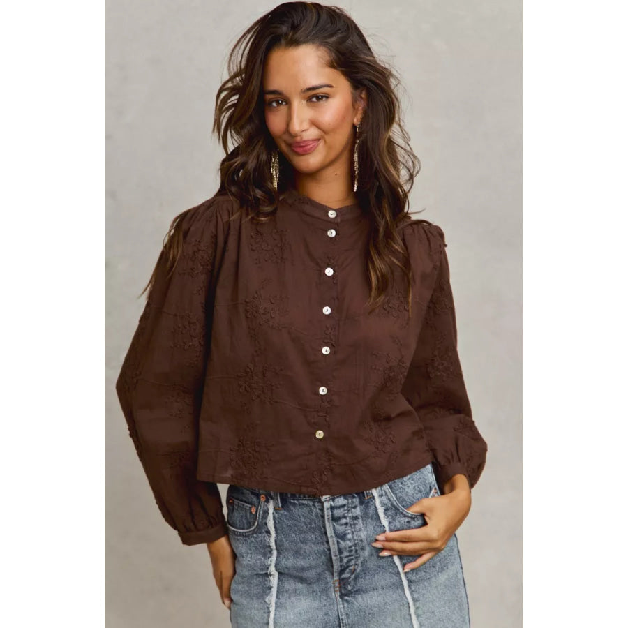 SO ME 3d Floral Woven Long Sleeve Front Button Shirt Apparel and Accessories