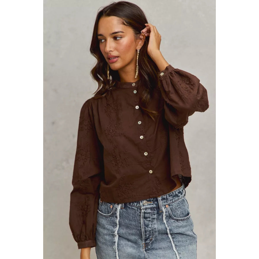 SO ME 3d Floral Woven Long Sleeve Front Button Shirt Apparel and Accessories