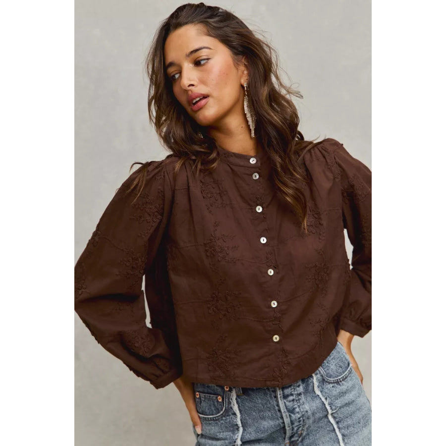 SO ME 3d Floral Woven Long Sleeve Front Button Shirt Apparel and Accessories
