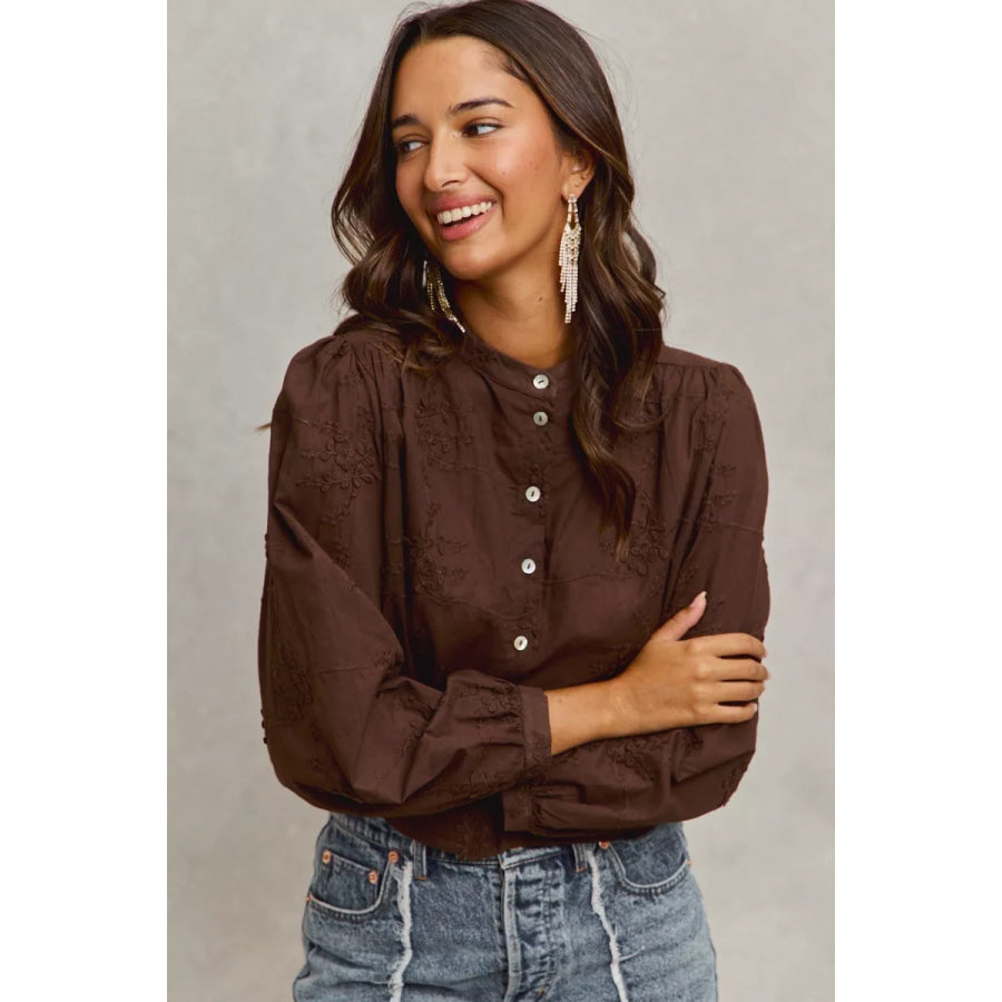 SO ME 3d Floral Woven Long Sleeve Front Button Shirt DK BROWN / S Apparel and Accessories