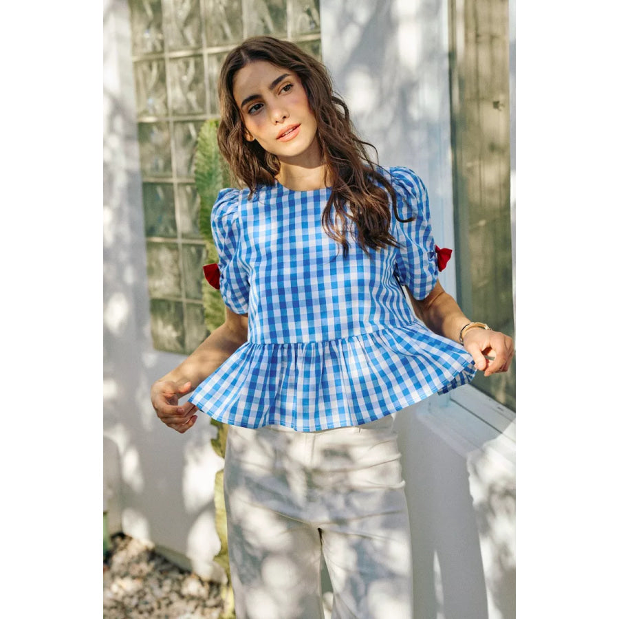 SO ME 4th Of July Gingham Ribbon Detail Short Sleeves Blouse Apparel and Accessories