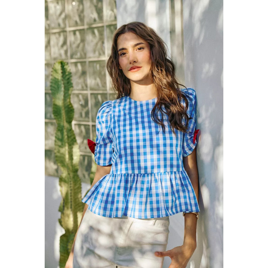 SO ME 4th Of July Gingham Ribbon Detail Short Sleeves Blouse Apparel and Accessories