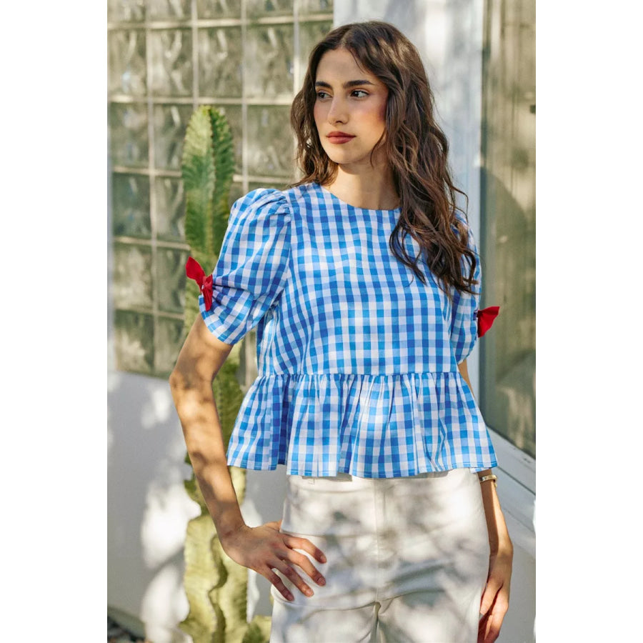 SO ME 4th Of July Gingham Ribbon Detail Short Sleeves Blouse Apparel and Accessories