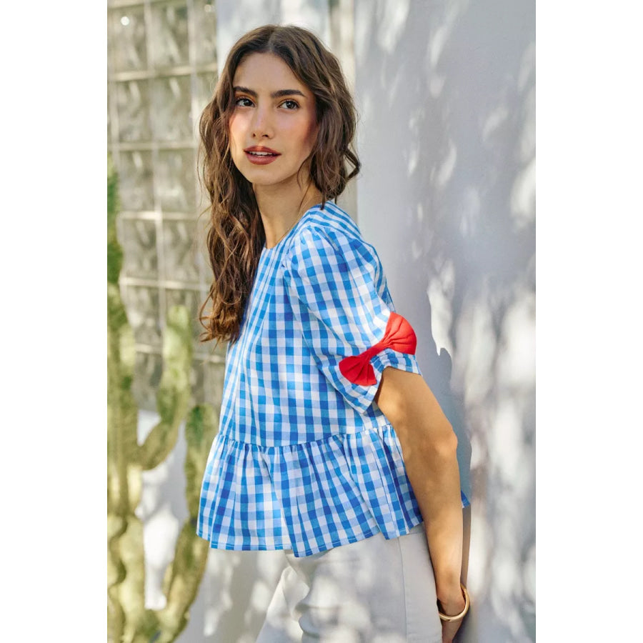 SO ME 4th Of July Gingham Ribbon Detail Short Sleeves Blouse Apparel and Accessories