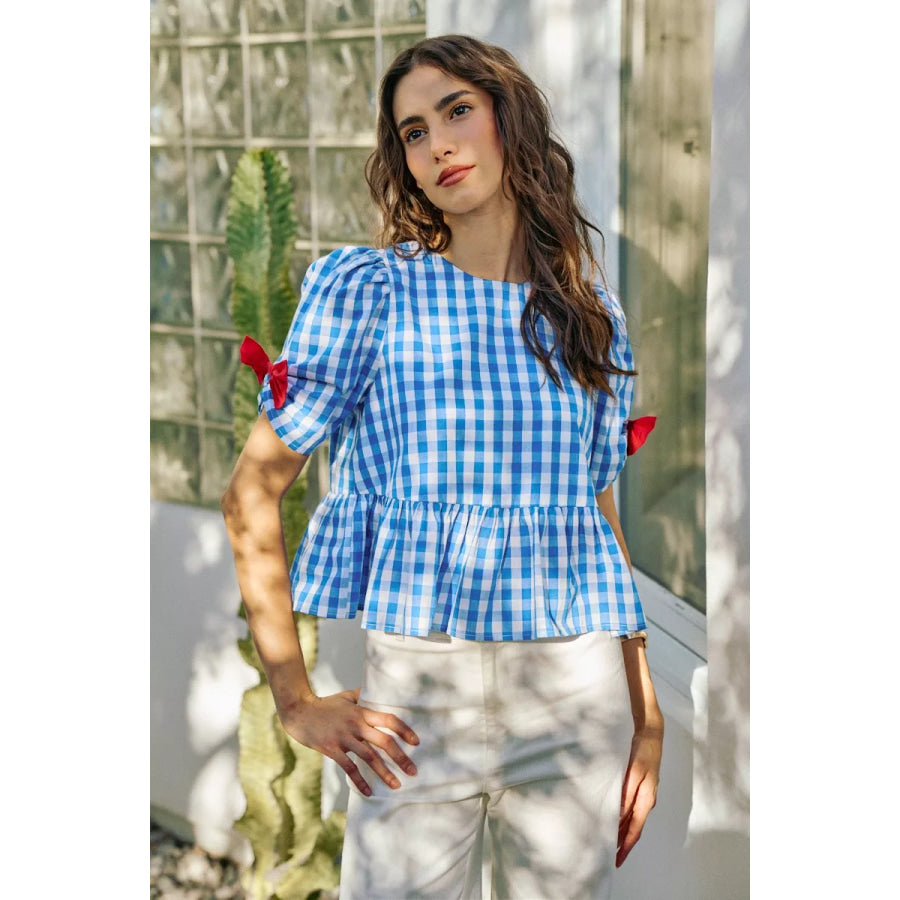 SO ME 4th Of July Gingham Ribbon Detail Short Sleeves Blouse Apparel and Accessories
