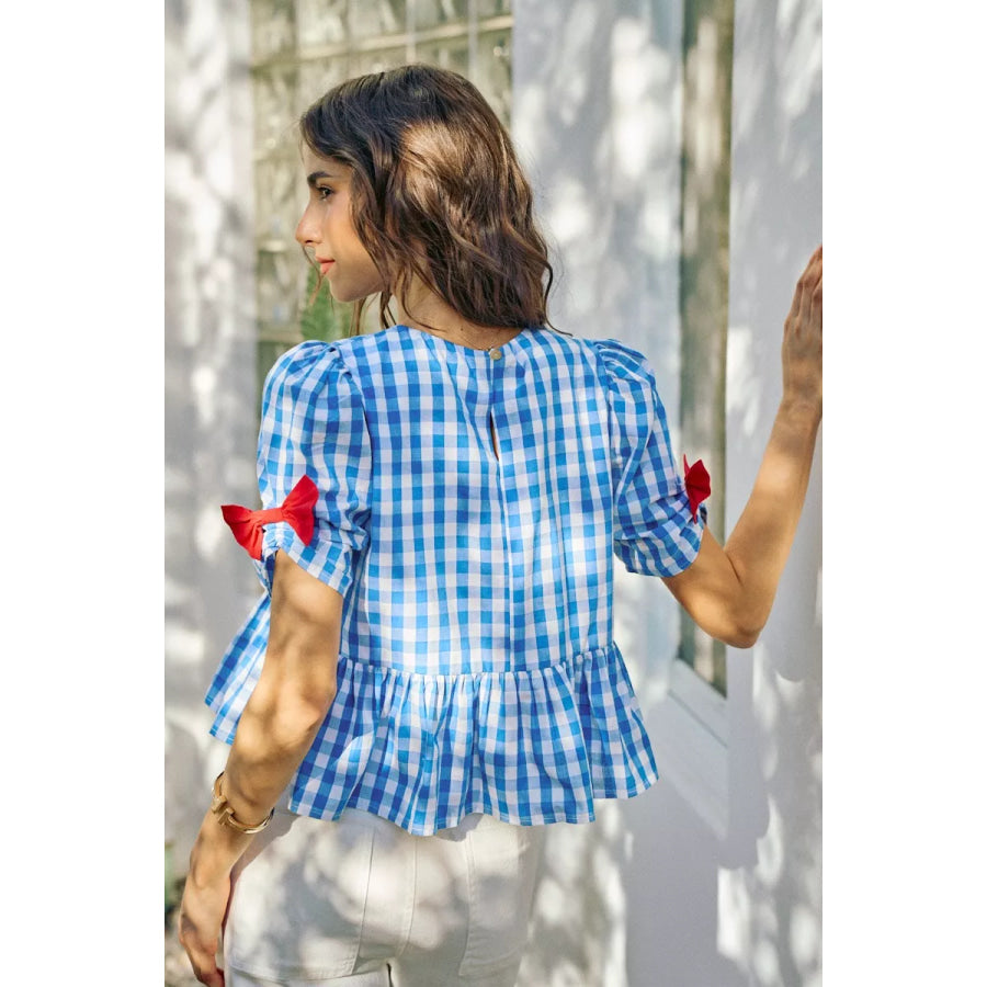 SO ME 4th Of July Gingham Ribbon Detail Short Sleeves Blouse Apparel and Accessories