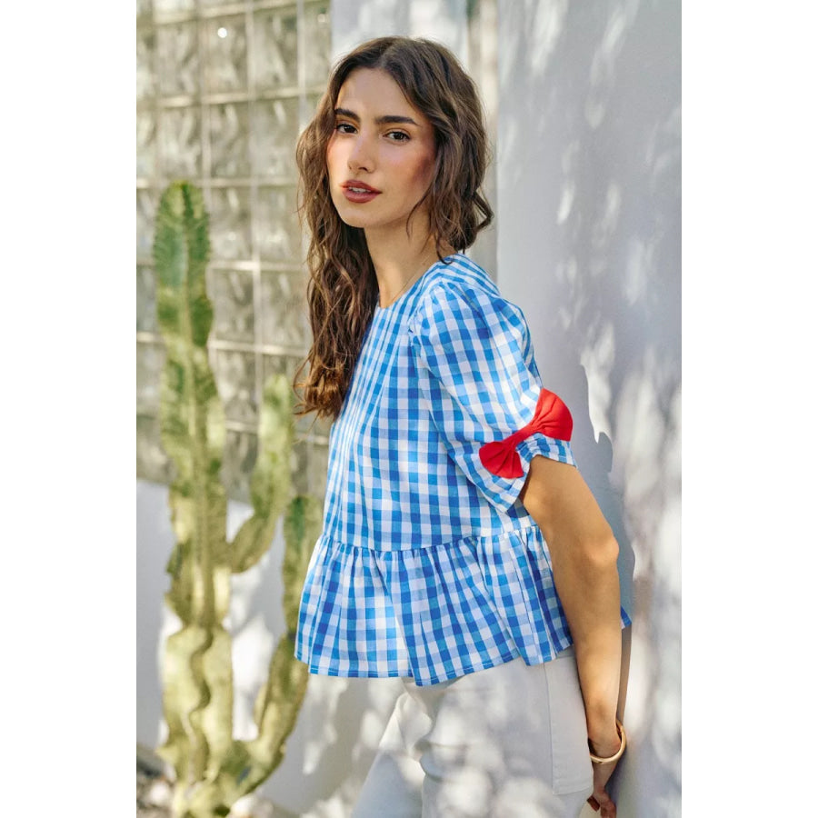 SO ME 4th Of July Gingham Ribbon Detail Short Sleeves Blouse Apparel and Accessories