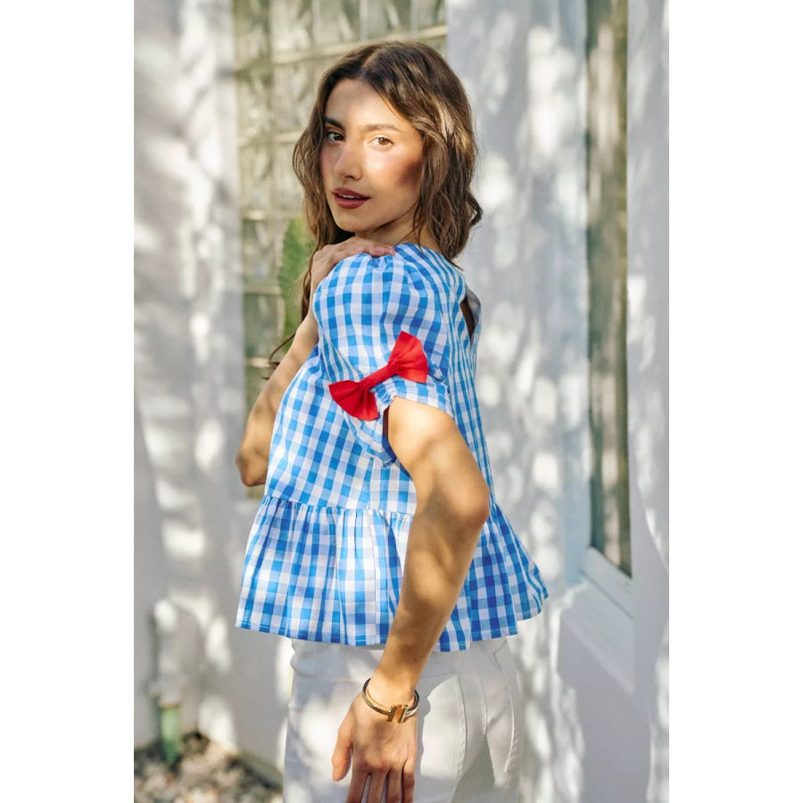 SO ME 4th Of July Gingham Ribbon Detail Short Sleeves Blouse Apparel and Accessories