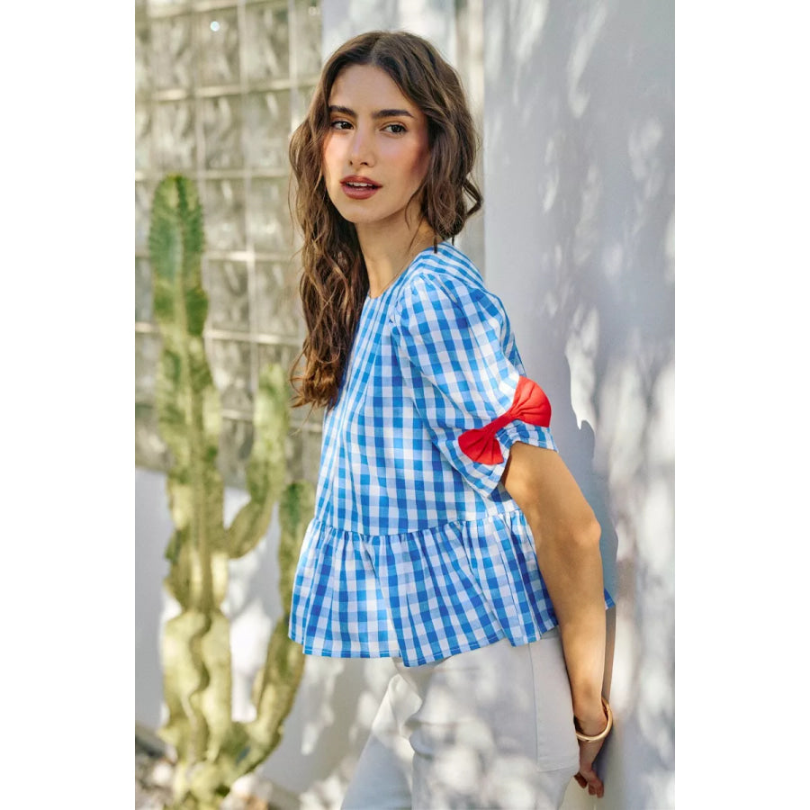 SO ME 4th Of July Gingham Ribbon Detail Short Sleeves Blouse Apparel and Accessories