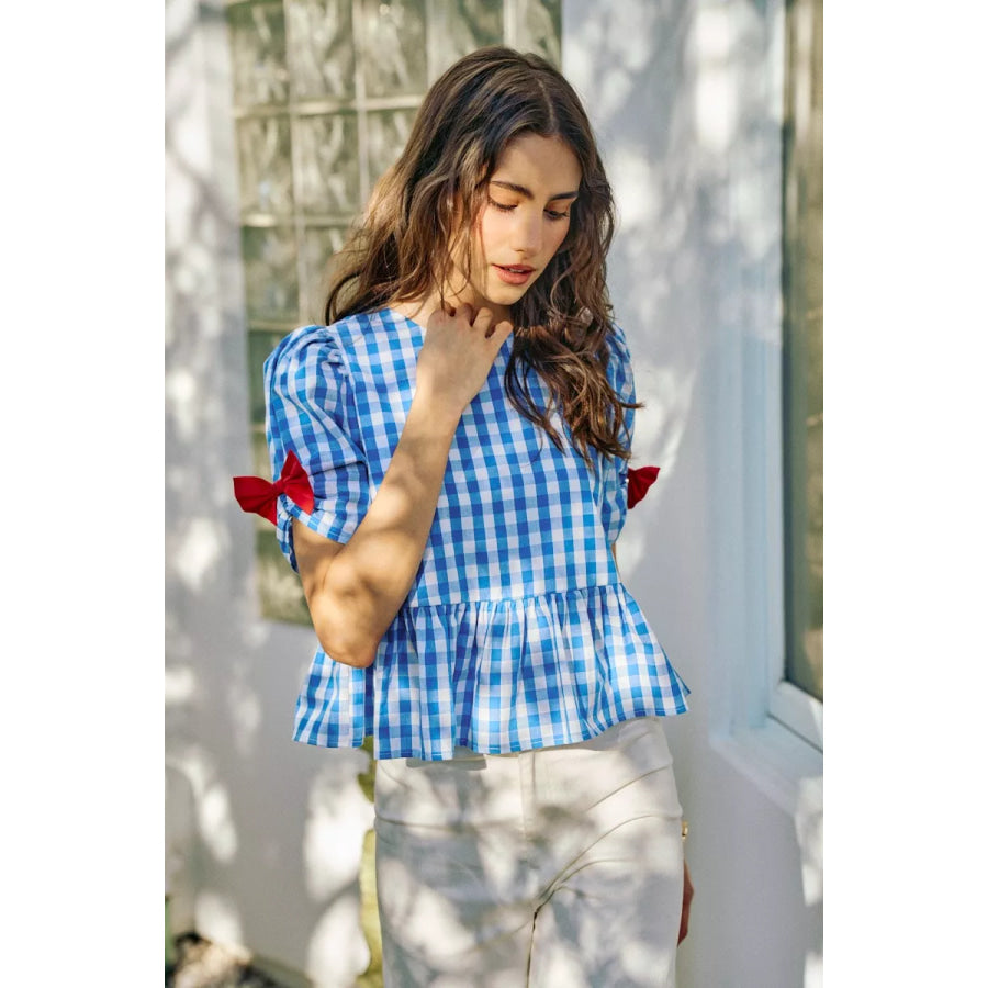 SO ME 4th Of July Gingham Ribbon Detail Short Sleeves Blouse Apparel and Accessories