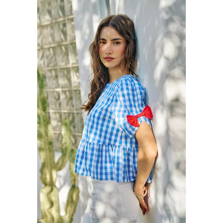SO ME 4th Of July Gingham Ribbon Detail Short Sleeves Blouse Apparel and Accessories
