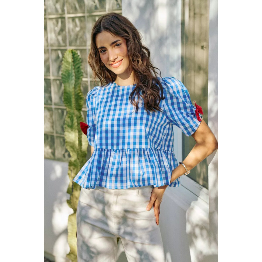 SO ME 4th Of July Gingham Ribbon Detail Short Sleeves Blouse BLUE / S Apparel and Accessories