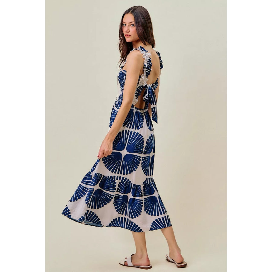 SO ME Abstract Print Smocked Bodice Tiered Lined Midi Dress NAVY / S Apparel and Accessories