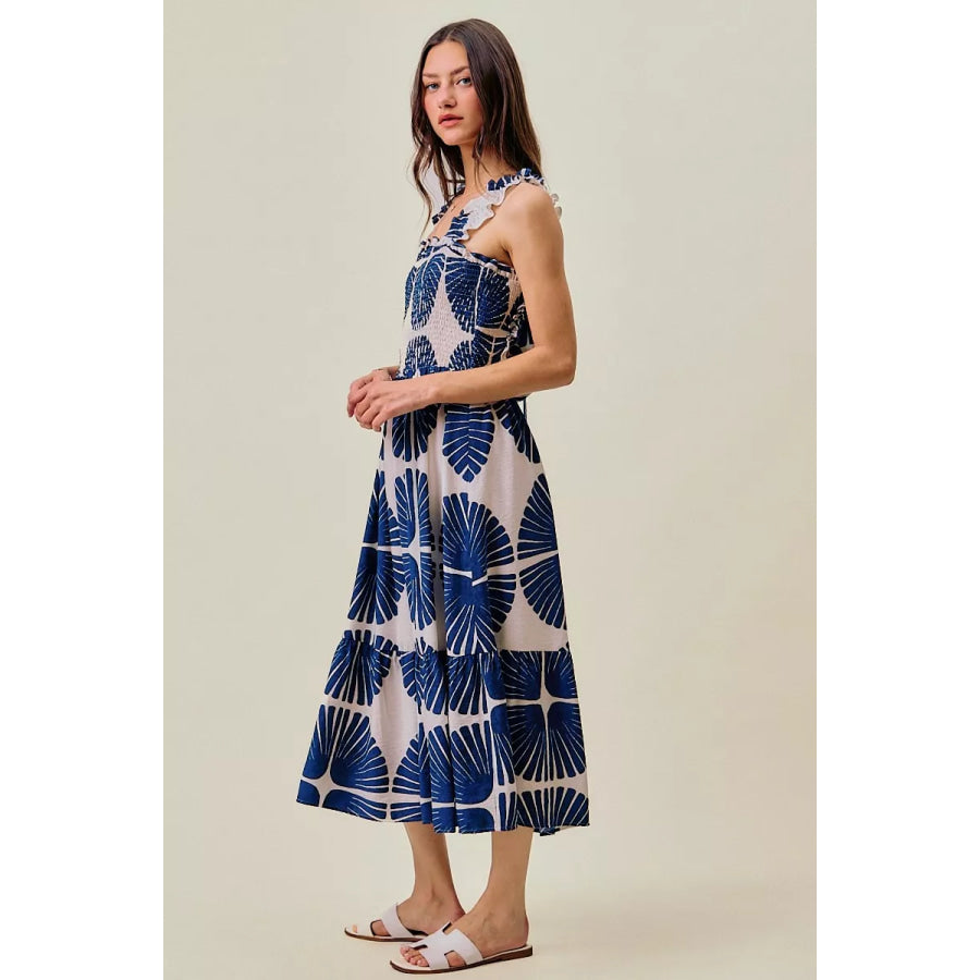 SO ME Abstract Print Smocked Bodice Tiered Lined Midi Dress Apparel and Accessories
