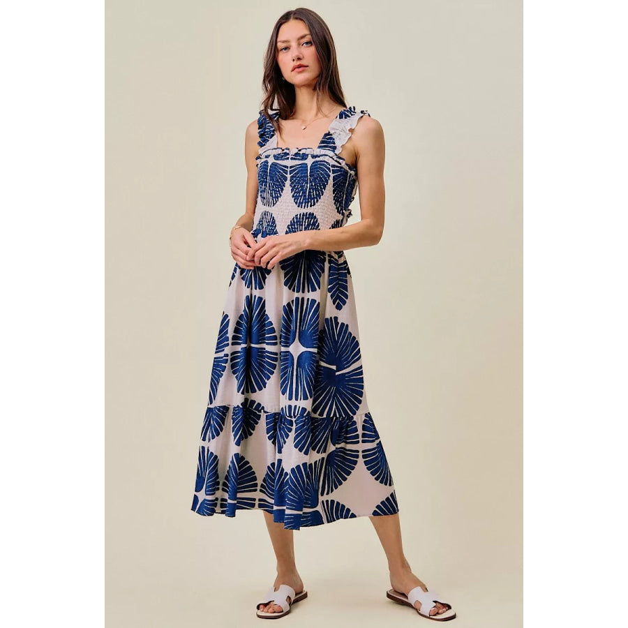 SO ME Abstract Print Smocked Bodice Tiered Lined Midi Dress NAVY / S Apparel and Accessories