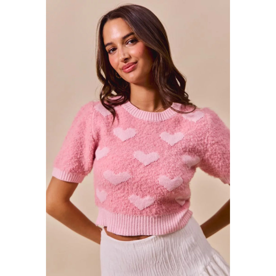 SO ME All Over Heart Valentine Cropped Sweater PINK/BLUSH / S Apparel and Accessories