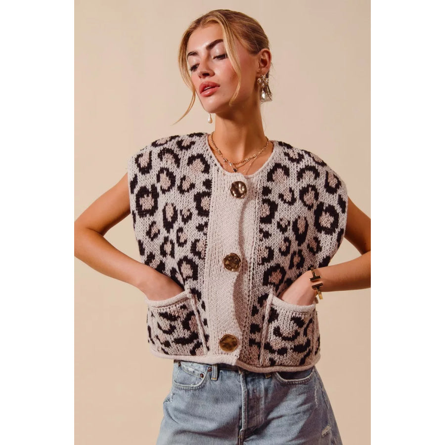 SO ME Big Metal Button Front Leopard Sweater Vest Top Apparel and Accessories