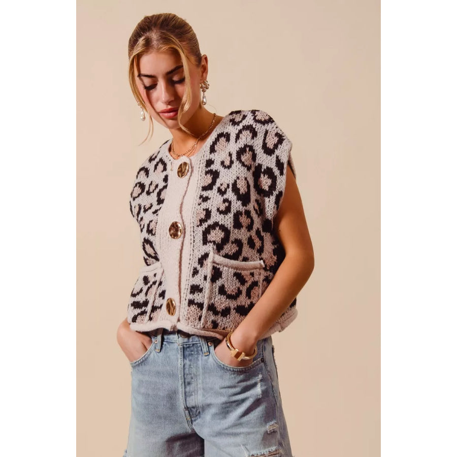 SO ME Big Metal Button Front Leopard Sweater Vest Top Apparel and Accessories