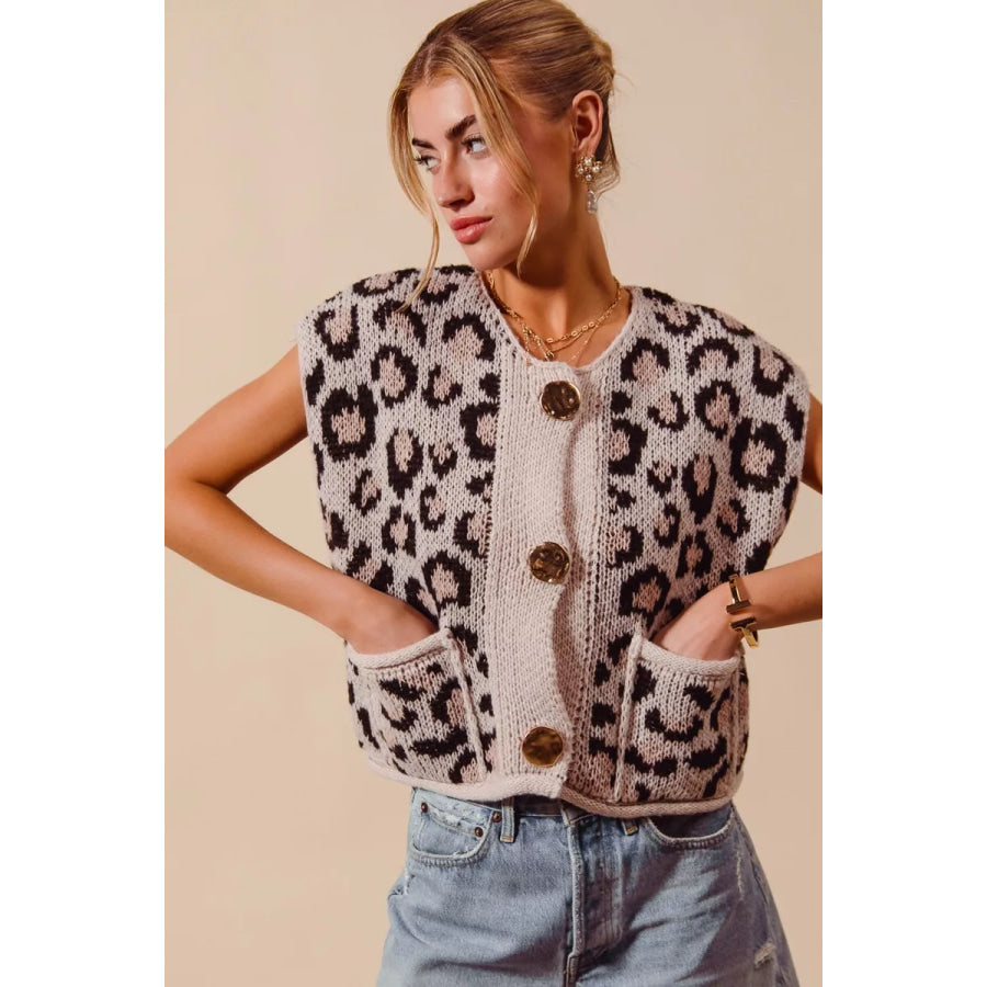 SO ME Big Metal Button Front Leopard Sweater Vest Top Apparel and Accessories